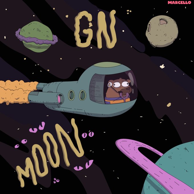 A rocket flying past planets under the words GN MOON