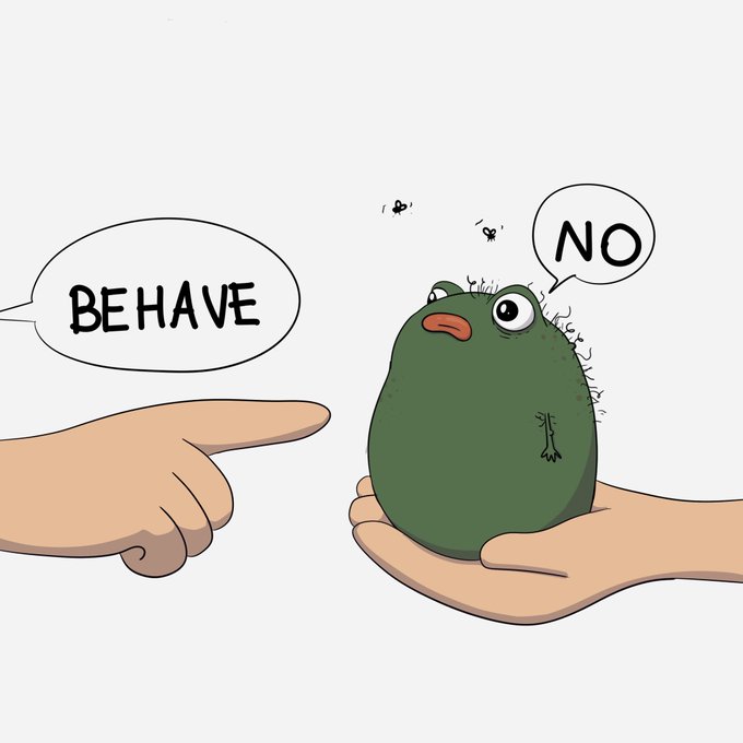A hand pointing at Pistacio saying BEHAVE; Pistacio replies NO