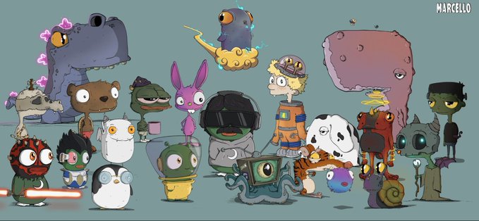 The full cast of Pistacio characters lined up