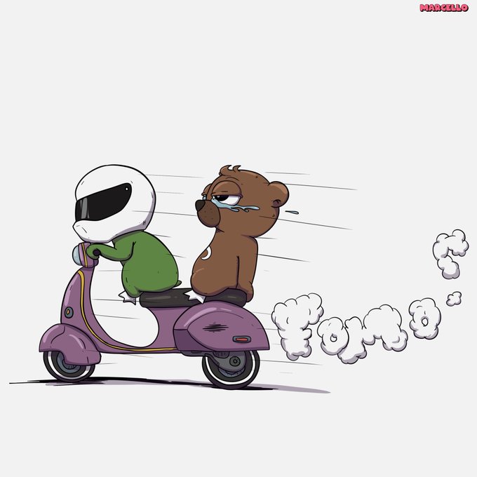 Two creatures riding a scooter through a cloud of FOMO